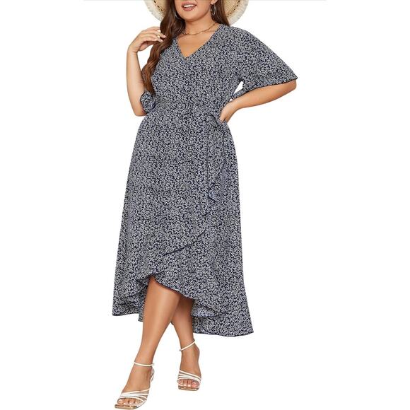 Keluummi Dresses & Skirts - Blue Mini-floral Faux Wrap Dress, Sz 18 Plus
